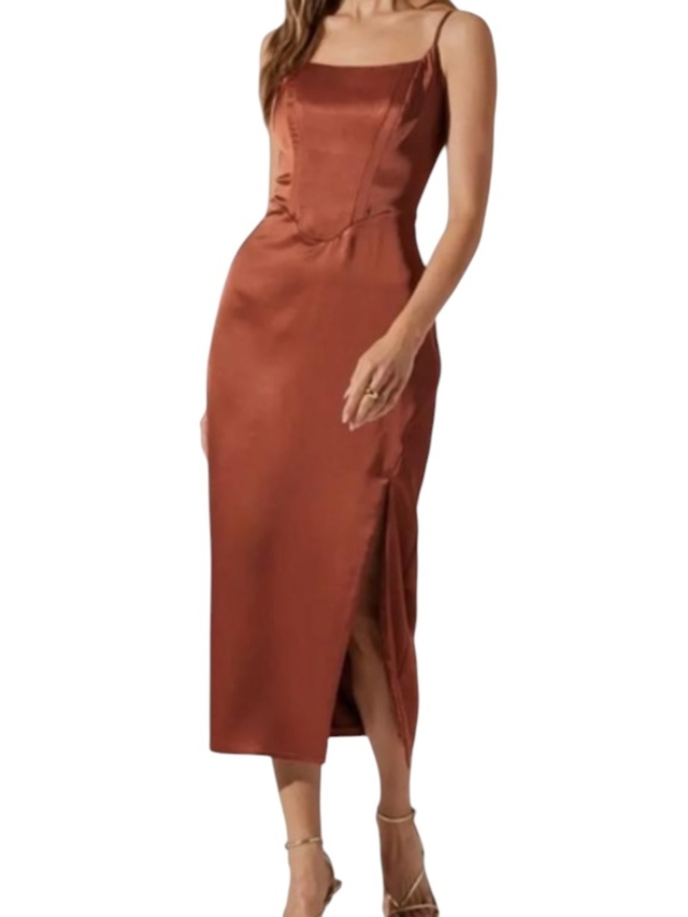 ASTR The Label Corset Copper Satin Sheath Cocktail Midi Dress Size Large NWT
